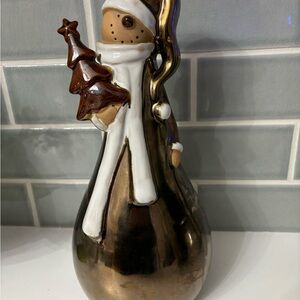 Pier 1 Metallic Bronze Crackle Finish Ceramic Snowman Figurine Christmas 12” t